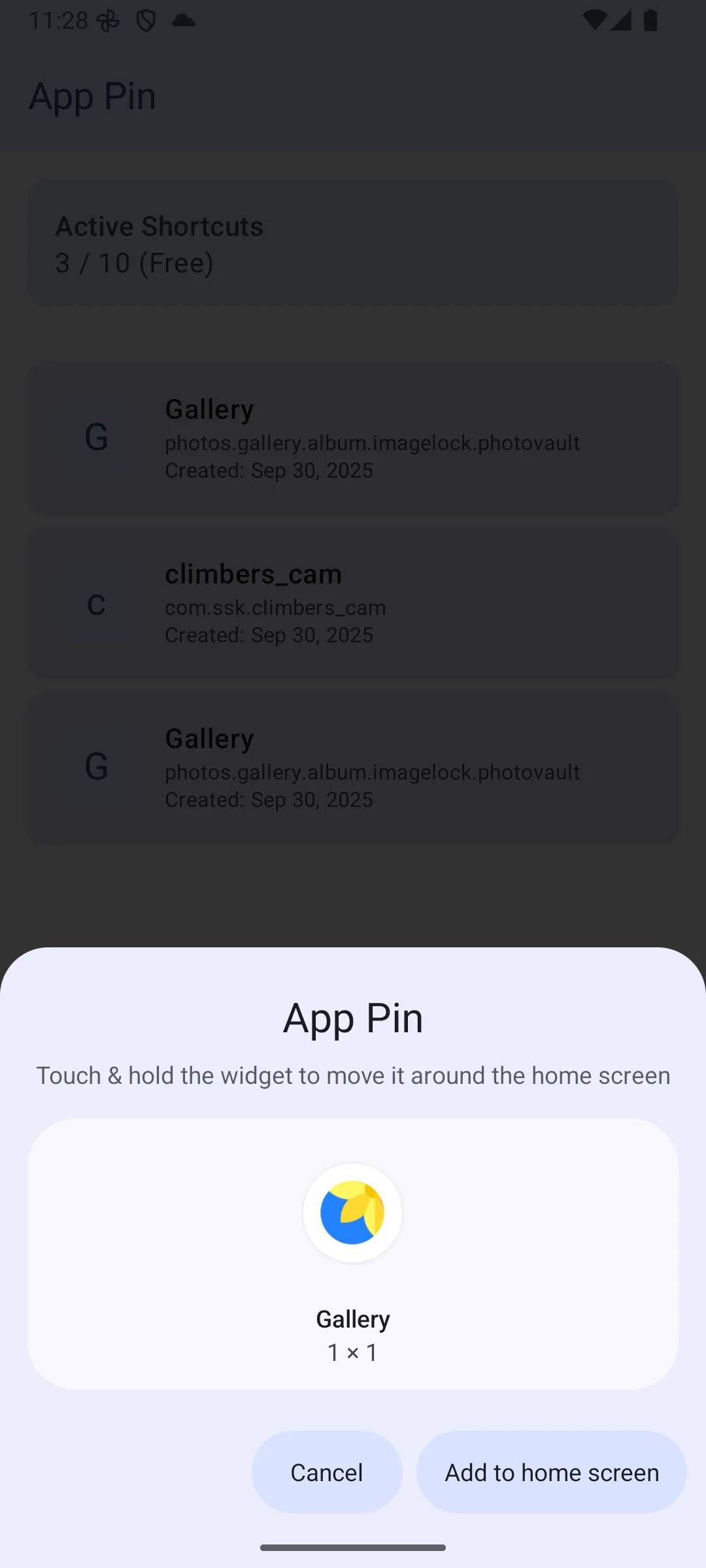 Add to home screen confirmation sheet
